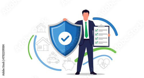 A professional businessman in a dark suit and green tie holds a large blue shield with a checkmark, symbolizing protection and security, alongside a checklist document, representing insurance