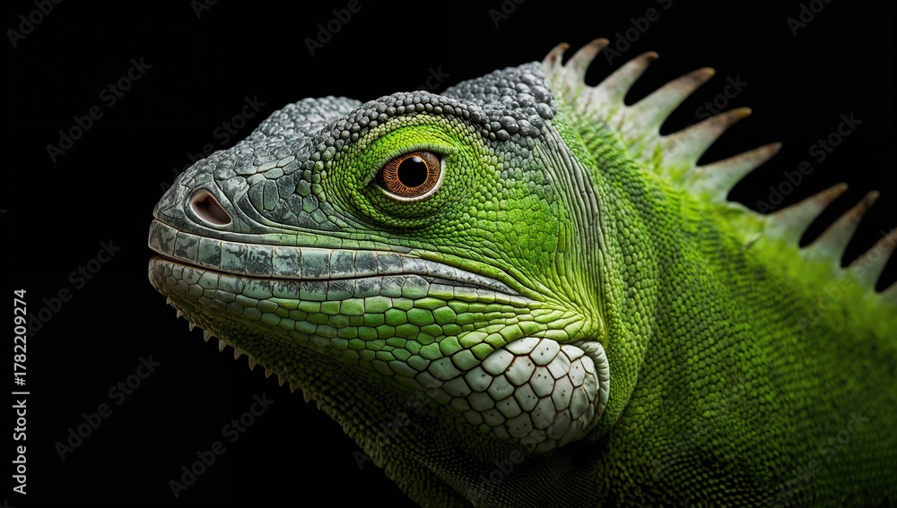Obraz premium Close-up of a green iguana against a black background, showcasing the intricate textures of its scales, wildlife awareness
