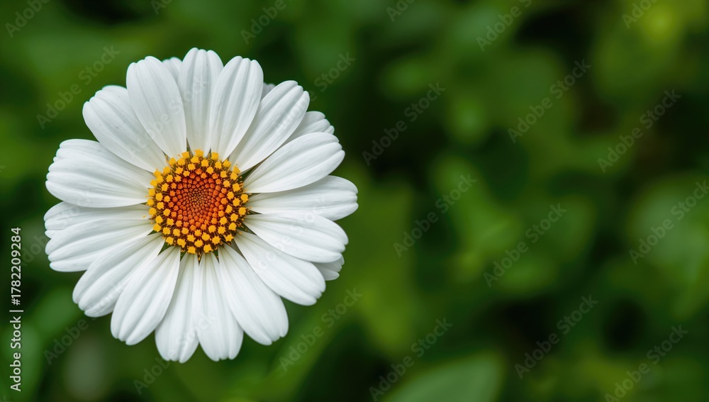 Fototapeta premium Close-up view of a white zinnia flower featuring a vibrant yellow center, surrounded by rich green foliage, showcasing its intricate details