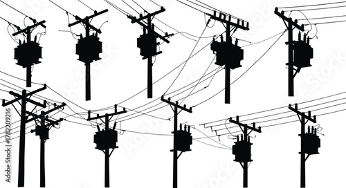 Utility pole silhouettes with transformers, insulators, power lines, electrical distribution systems, industrial energy infrastructure, voltage grid illustration, black design, flat vector