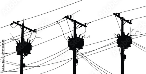 Utility pole silhouettes with transformers, tangled power lines, electrical infrastructure network, voltage distribution system, urban energy supply illustration, grid design, flat vector