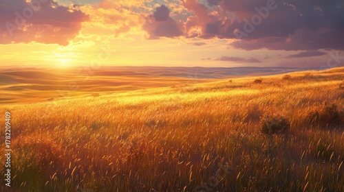 A golden sunset illuminates a vast field of dry grass and wildflowers, casting long shadows across the rolling landscape