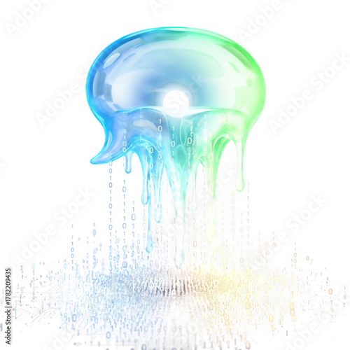 Dripping Blue Green Jellyfish Made of Binary Code Data Flowing onto Circuit Board Keywords: abstract, artificial intelligence, binary, blue, circuit board, code isolated on a transparent background