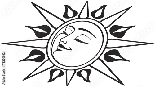 Celestial Harmony: An artful emblem of the sun and moon converges, each celestial body peacefully coexisting, exuding serenity and the balanced cycle of day and night.