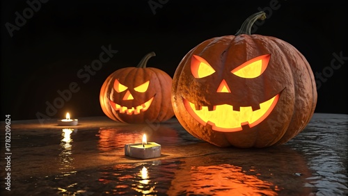Glowing Halloween Pumpkins with Candles on Wet Surface at Night