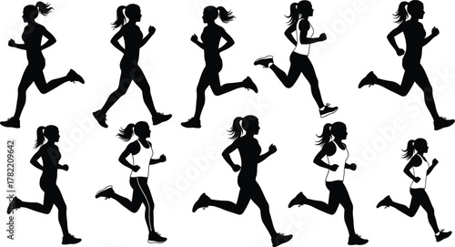 Silhouette runner motion, athletic poses, black outline figures, running stride phases, minimal vector design, dynamic posture concept, sports activity illustration