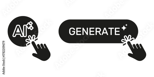 Artificial Intelligence Generate Button Click Cursor Hand Solid Icon Set. Digital Creativity Innovation Machine Learning User Interface Silhouette Symbol Collection. Isolated Vector Illustration