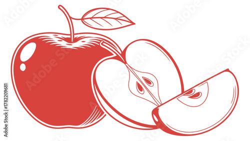 Fresh Apple Still Life: A meticulously drawn apple with a fresh appearance, featuring a whole apple and a precisely sliced section, perfectly crafted to highlight the crisp texture.