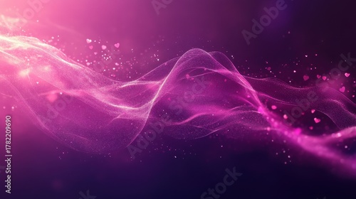 Abstract flowing wave of pink and purple light particles with tiny hearts scattered throughout, creating a magical and ethereal effect