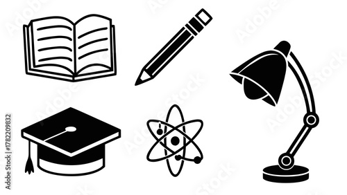 Essentials of Learning: An illustrative arrangement of academic icons, including an open book, a pencil, a desk lamp, a graduation hat, and an atom, all in stark monochrome.