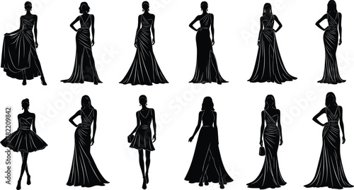 Silhouette women standing, elegant dress poses, black outline figures, fashion diversity, formal wear styles, minimal vector design, stylish posture concept