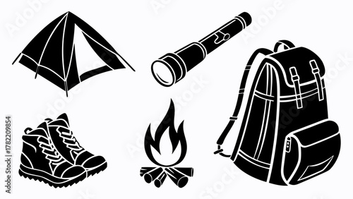 Essential Camping Kit: An organized display of camping essentials, featuring a tent, telescope, backpack, hiking boots, and a campfire. 