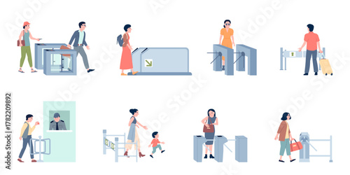 Turnstile entrance with people. Automatic barriers for passengers, workers, customers. Person entry in supermarket, subway, railway, recent vector scenes