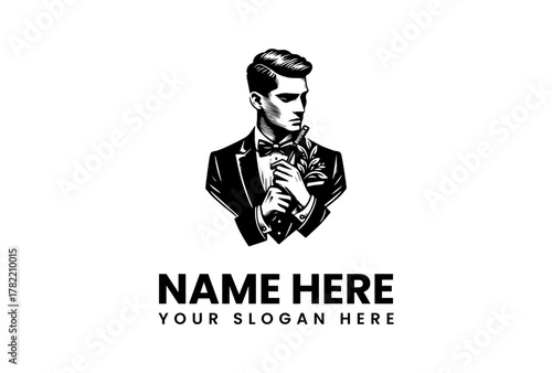 Portrait of a classic gentleman in a sharp tuxedo with a bow tie, adjusting his flower boutonnière for a formal event or wedding ceremony