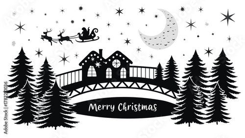 Whimsical silhouette of santa claus in his sleigh pulled by reindeer over a charming bridge with houses and pine trees under a starry night sky and crescent moon
