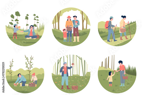 Mushroom pickers. Adults children picking mushrooms in forest. Walking on nature in wood, fungus hunters with baskets. Seasonal hobby recent vector scenes