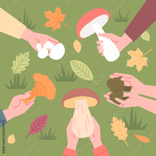 Hand holding mushrooms. Mushroom pickers show off their various mushrooms, hobby, forest bounty. Nature plants hunters, biology, recent vector background