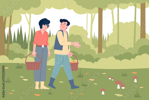 Mushroom hunting. People walking in forest and picking mushrooms. Seasonal human outdoor hobby. Couple fungus hunters with baskets, recent vector scene