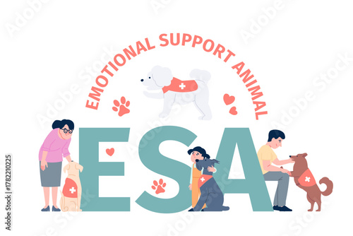 Esa dogs. Emotional support animals, dog assistance with owner and patients. Sad adults and child with puppy, help service for people recent vector scene