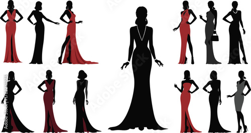 Silhouette women standing, elegant gown poses, black outline figures, fashion diversity, formal dress styles, minimal vector design, stylish posture concept