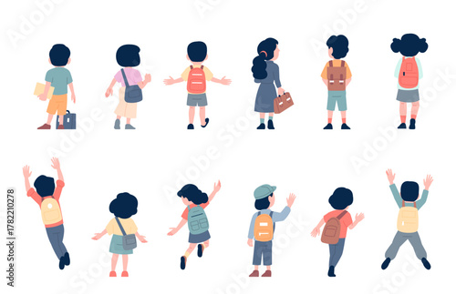 School kids back view. Little students with backpacks walking, jumping, running and stand. Children go to preschool or home, back side recent vector characters