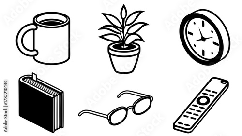 Workspace Essentials: A collection of simple line art drawings depicting everyday workspace items, including a coffee mug, potted plant, clock, book, glasses, and remote control.