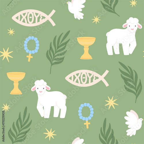Christian seamless pattern. Religion symbols, christianity church elements. Decorative print with cartoon sheep, golden cup, branches, racy vector background