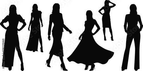 Silhouette women standing, fashion poses, elegant outfits, black outline figures, high heels, minimal vector design, confident stance, formal style concept