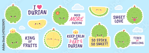 Durian fruit characters. Funny positive stickers with exotic raw food and text. King of fruits, asian vegan plant ingredient. Plant based dessert, racy vector banners