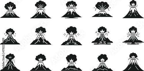 Volcano eruption icons in grid layout, black silhouette style, minimal vector design, lava and smoke variations, geological activity concept, natural disaster illustration