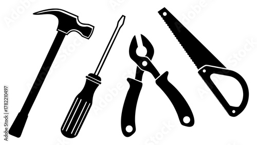 Tool Silhouette Set: A selection of essential tools, meticulously arranged in a dynamic composition. Each tool, rendered in stark silhouette, highlights their form and purpose.