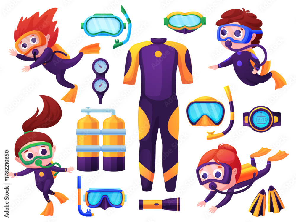 Fototapeta premium Children scuba diving. Girl boy divers and equipment. Underwater swimming elements, suit, oxygen balloons, masks and goggles. Swim kids nowaday vector characters