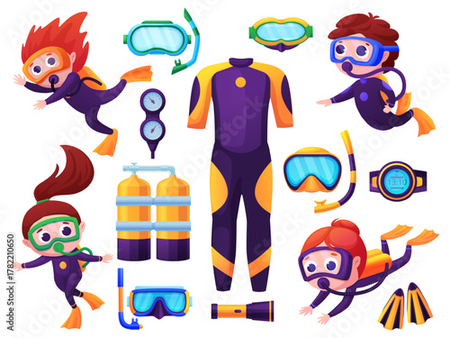 Children scuba diving. Girl boy divers and equipment. Underwater swimming elements, suit, oxygen balloons, masks and goggles. Swim kids nowaday vector characters