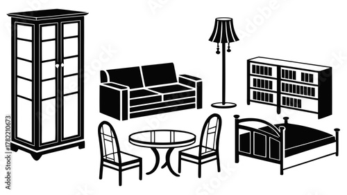 Furnishing Silhouette: A collection of meticulously designed furniture silhouettes, including a stately wardrobe, a comfortable sofa, a sleek table, elegant chairs, a charming lamp.