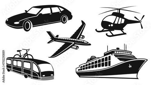Transport Icons in Monochrome: A collection of various transport icons in monochrome, representing different modes of transportation, ideal for various design purposes.