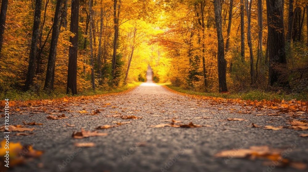 Obraz premium A path through a forest during autumn with vibrant orange and yellow leaves covering the ground and trees