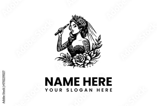 Elegant Bride with Makeup Brush Illustration - Perfect for Beauty and Wedding Services