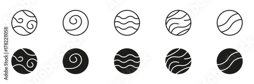 Futuristic Planet Surface Patterns and Abstract Waves Line and Solid Icon Set. Cosmic Sphere With Swirls Modern Astronomy Orbital Design Symbol Collection. Isolated Vector Illustration