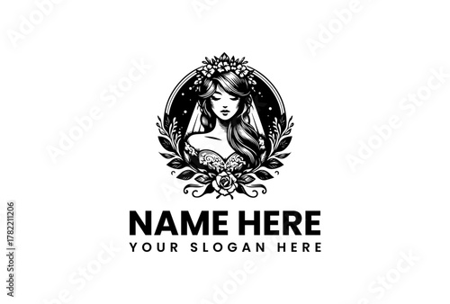 Elegant Woman with Floral Crown Emblem