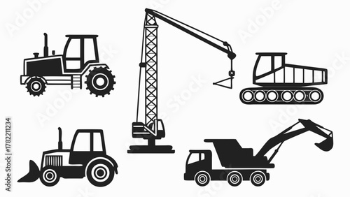 Construction Vehicle Silhouette Collection: A collection of various construction vehicles, each meticulously depicted in a sleek silhouette, offering a minimalist aesthetic for design projects.