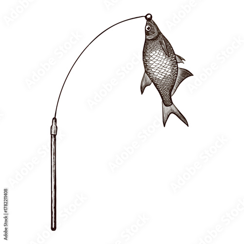 A cat toy fishing rod with fish. Vector image drawn in graphic style.