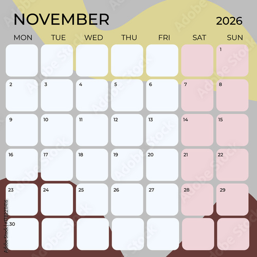 Minimal November 2026 Calendar Template with Abstract Yellow and Brown Background