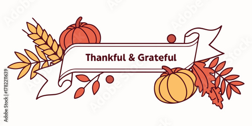 Illustration of a thanksgiving banner with pumpkins and wheat and fall leaves art