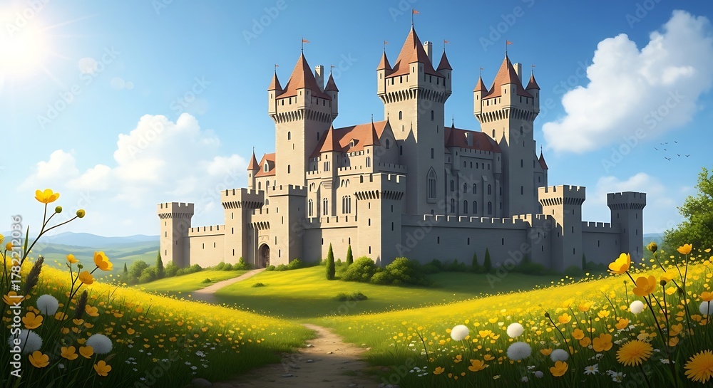 Naklejka premium Majestic Medieval Castle on a Sunny Hilltop with Vibrant Wildflowers.