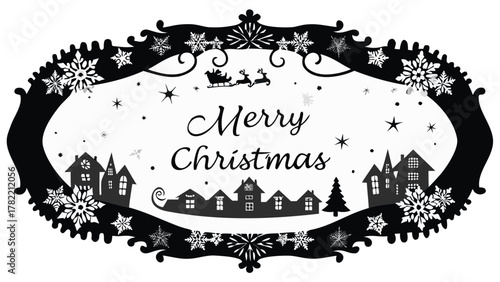Elegant black and white merry christmas silhouette frame featuring a snowy village and santa claus sleigh