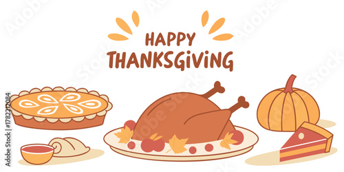 Happy thanksgiving illustration with turkey pie pumpkin and other thanksgiving food