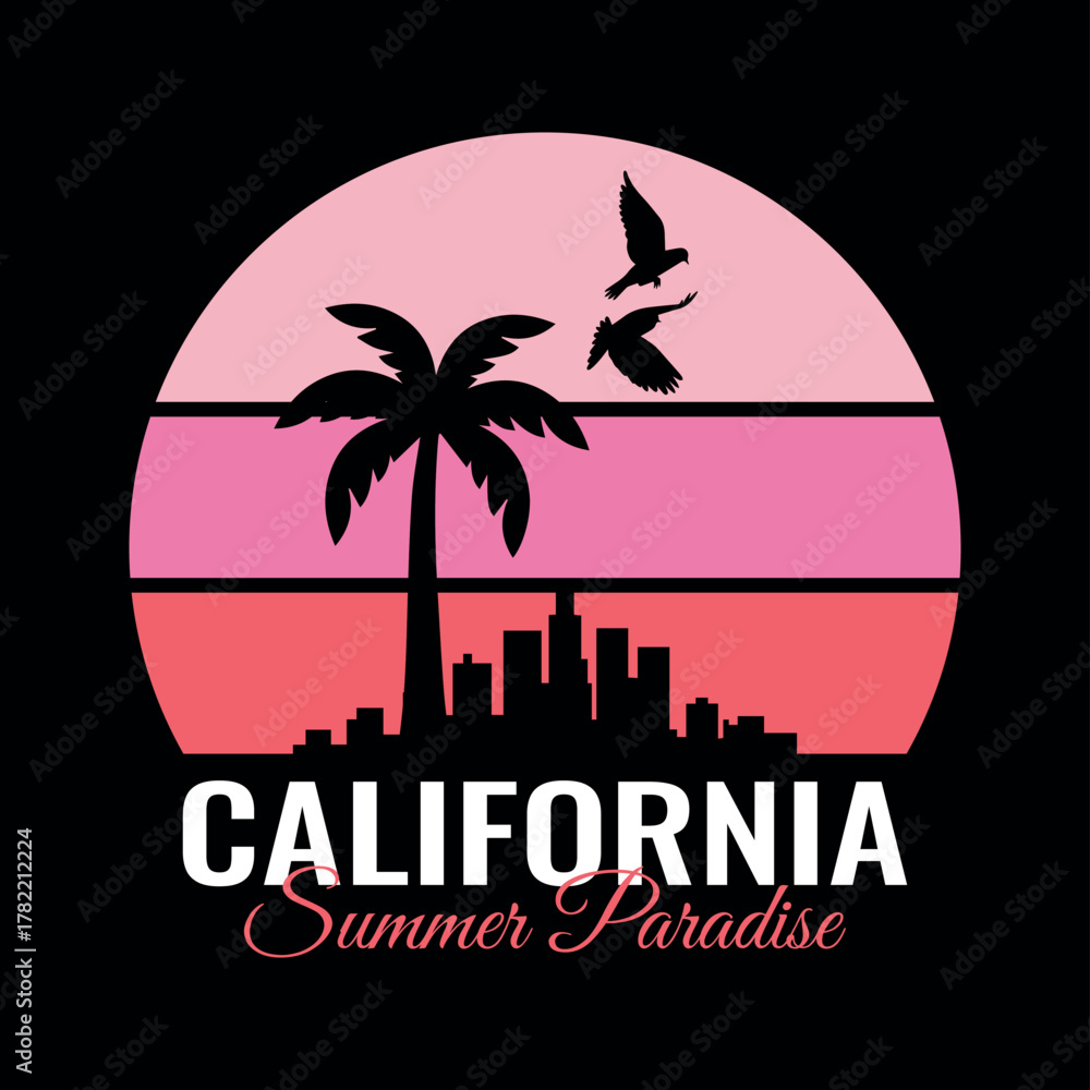 Naklejka premium Retro california sunset silhouette with palm trees and city skyline