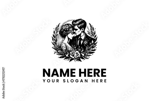 Elegant Wedding Logo Featuring Embracing Couple Surrounded by Floral Wreath