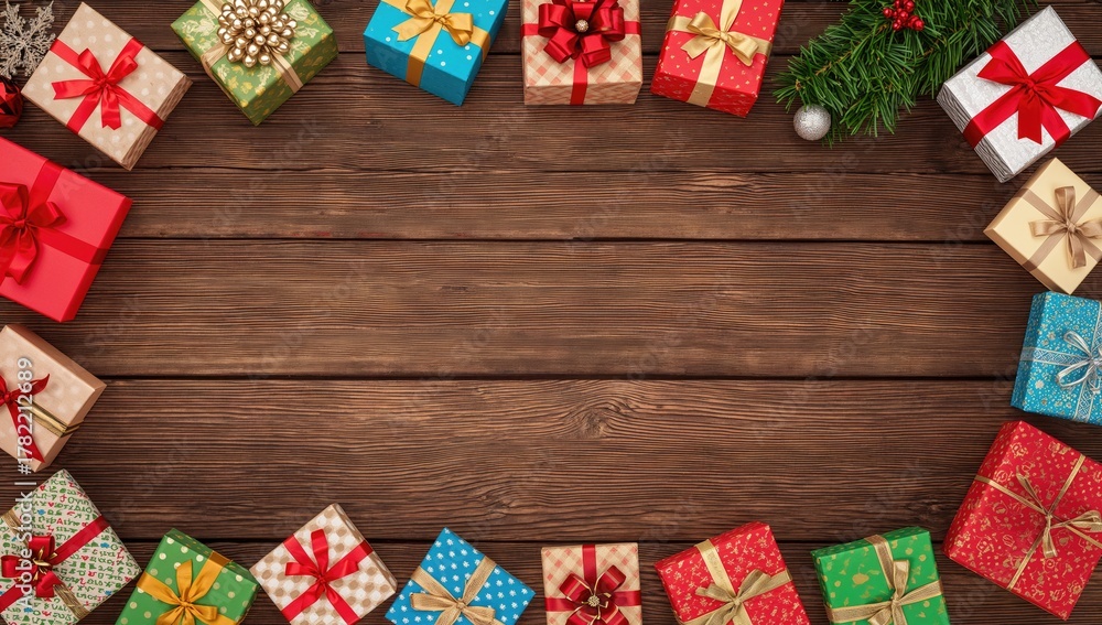 Obraz premium A vibrant assortment of colorful gifts arranged on a wooden surface, ideal for festive celebrations, Christmas