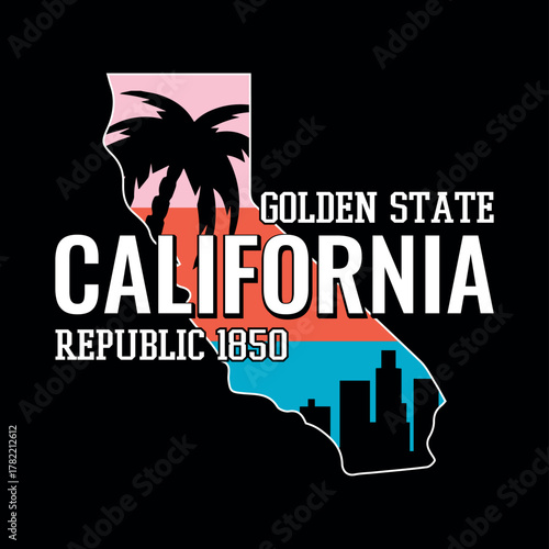 California republic golden state map outline with palm trees and city skyline